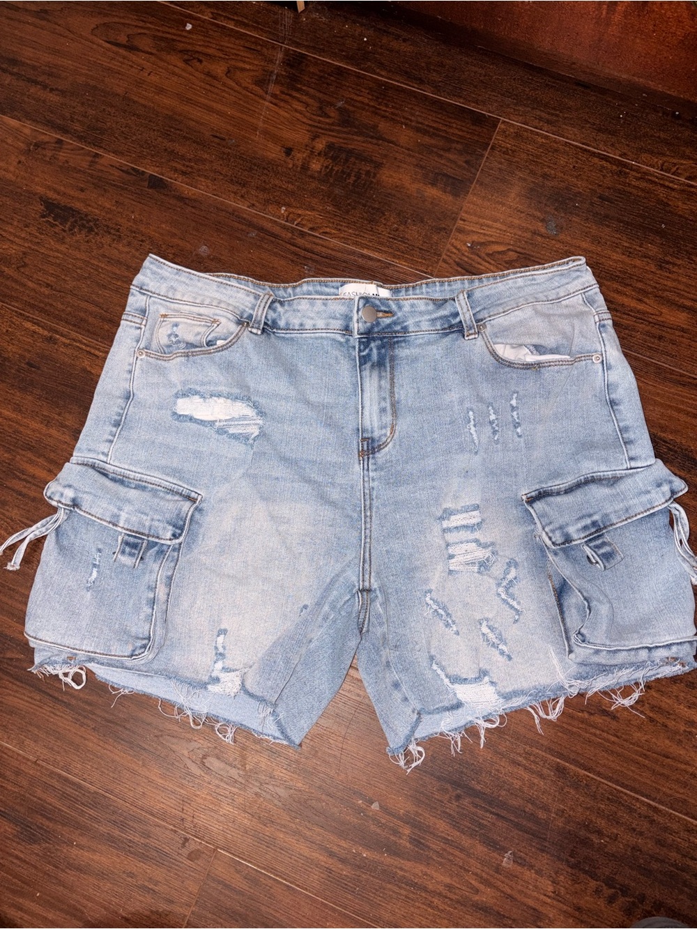 Fashion Nova Light Wash Distressed Cargo Denim Shorts